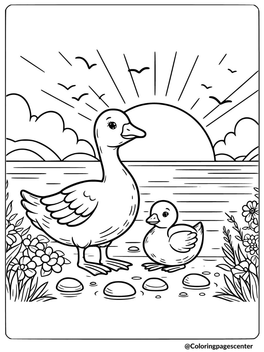 Goose with gosling at sunset coloring page