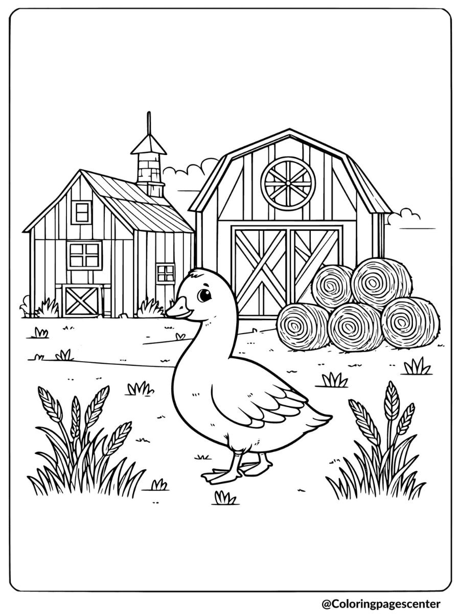 Goose by barns and hay coloring page