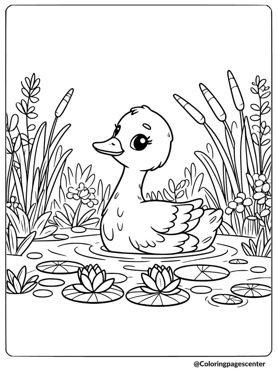 Goose in pond with lilies coloring page