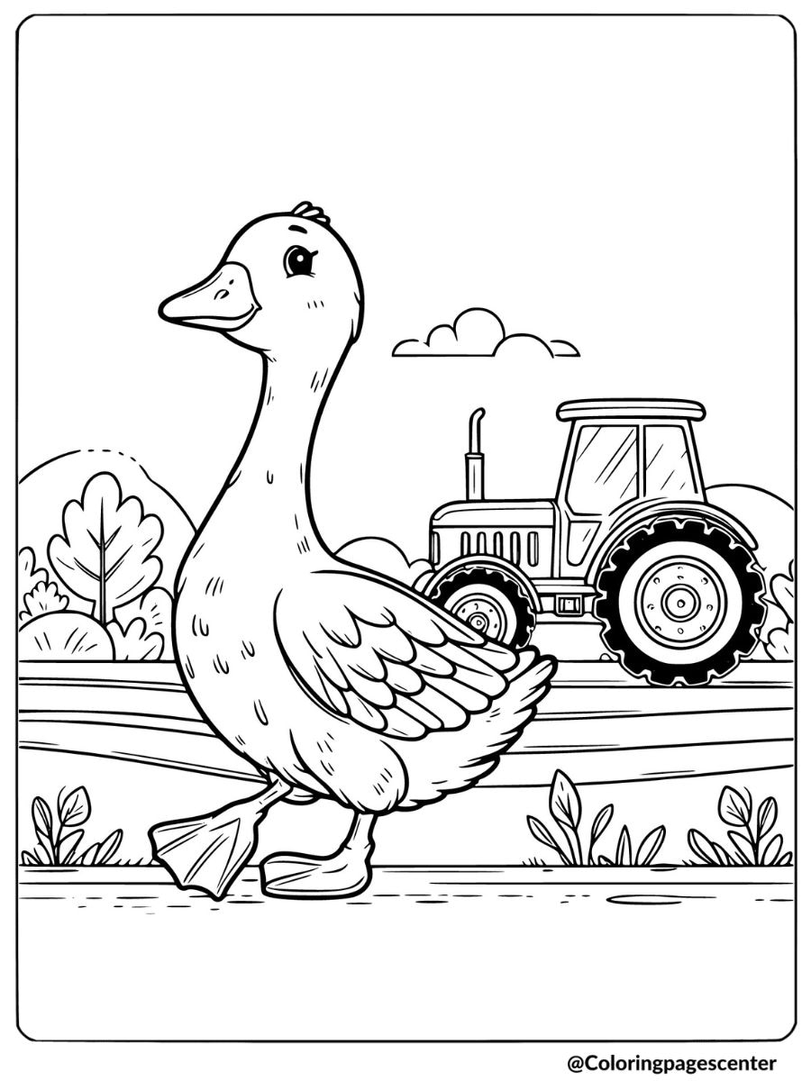 Goose near tractor coloring page