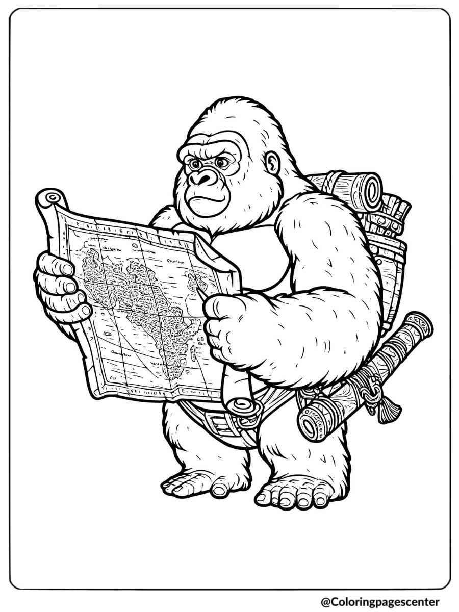 Gorilla holding map and exploring coloring page