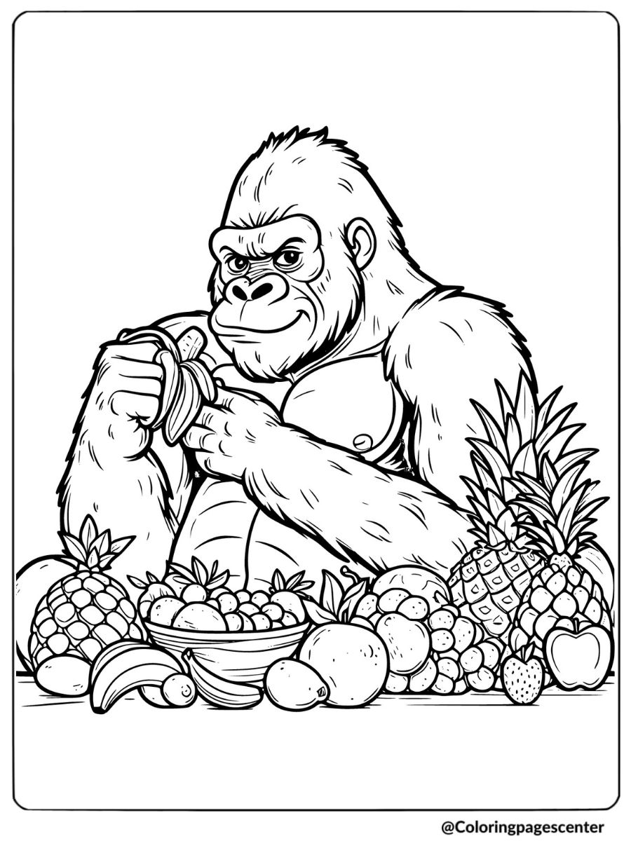 Gorilla with a table of fruits a coloring page