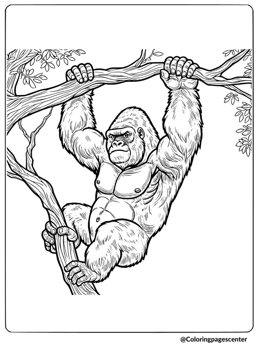 Gorilla swinging on branch coloring page