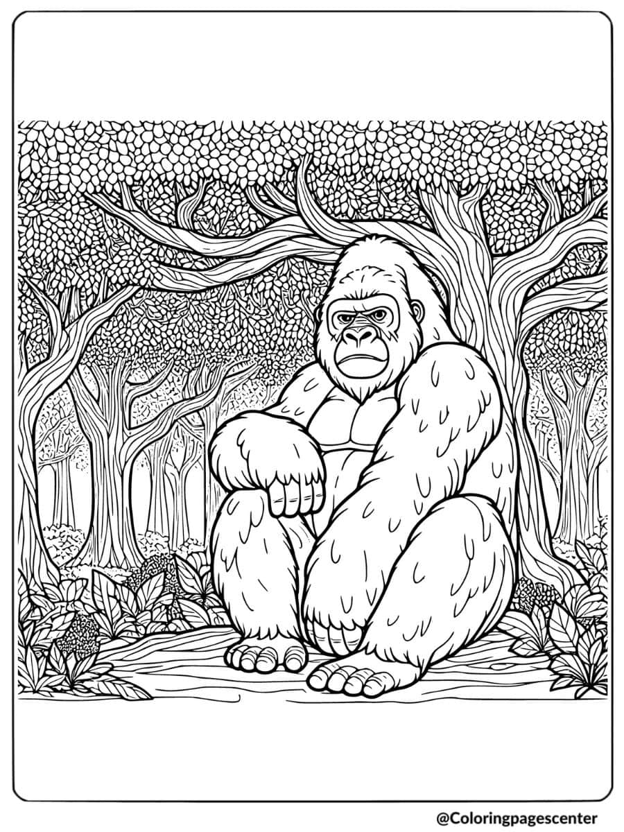 Jungle background gorilla coloring page