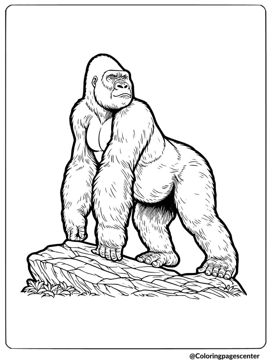 Gorilla on rock coloring page for kids