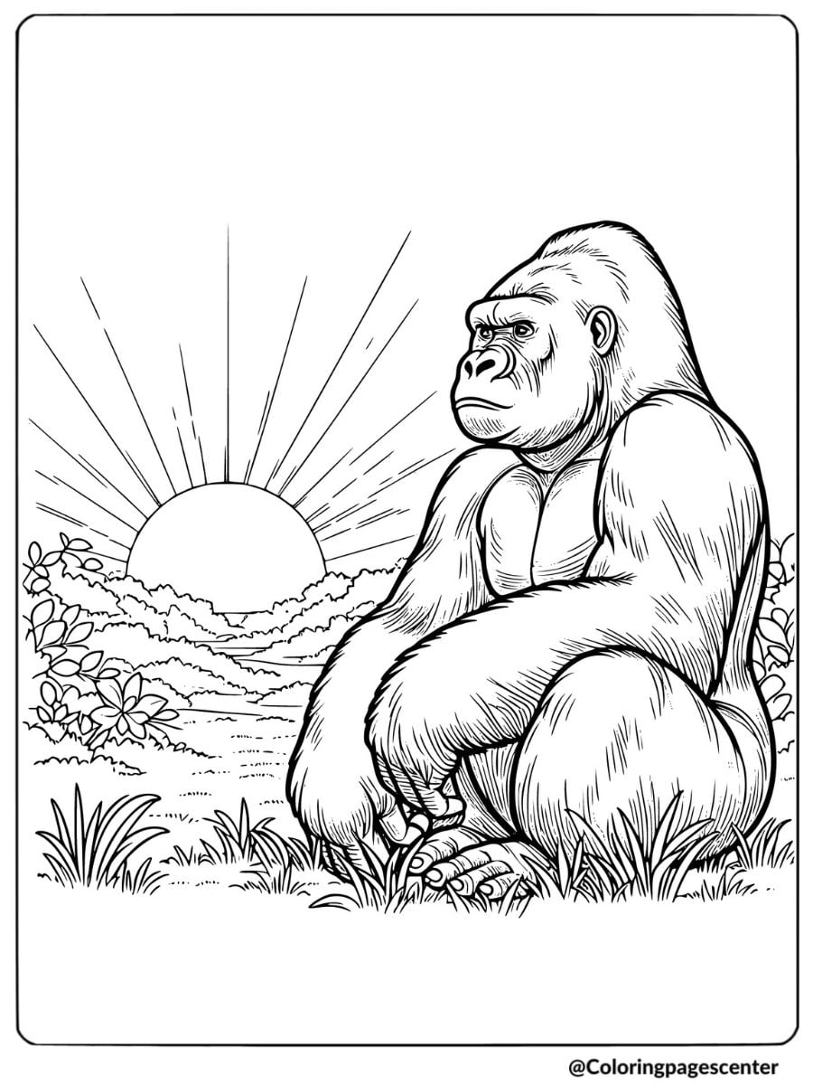 Gorilla gazing at sunrise coloring page