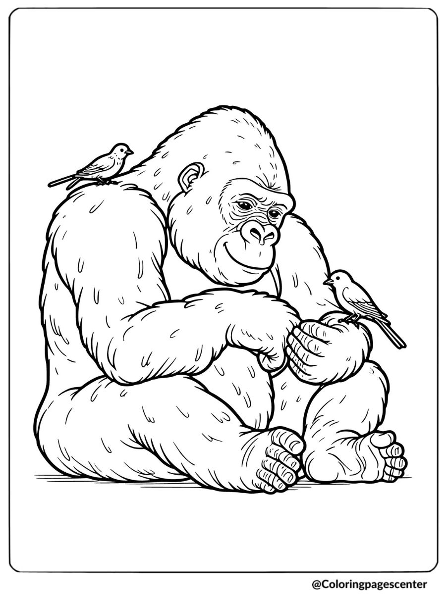 Friendly gorilla sitting with birds coloring page