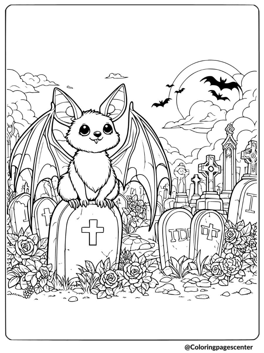 A halloween bat sitting on a gravestone coloring page