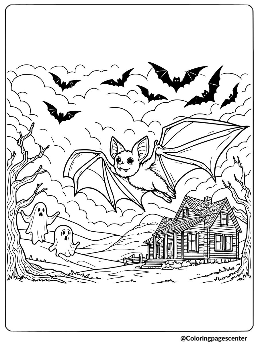 A halloween bat flying over a haunted house coloring page