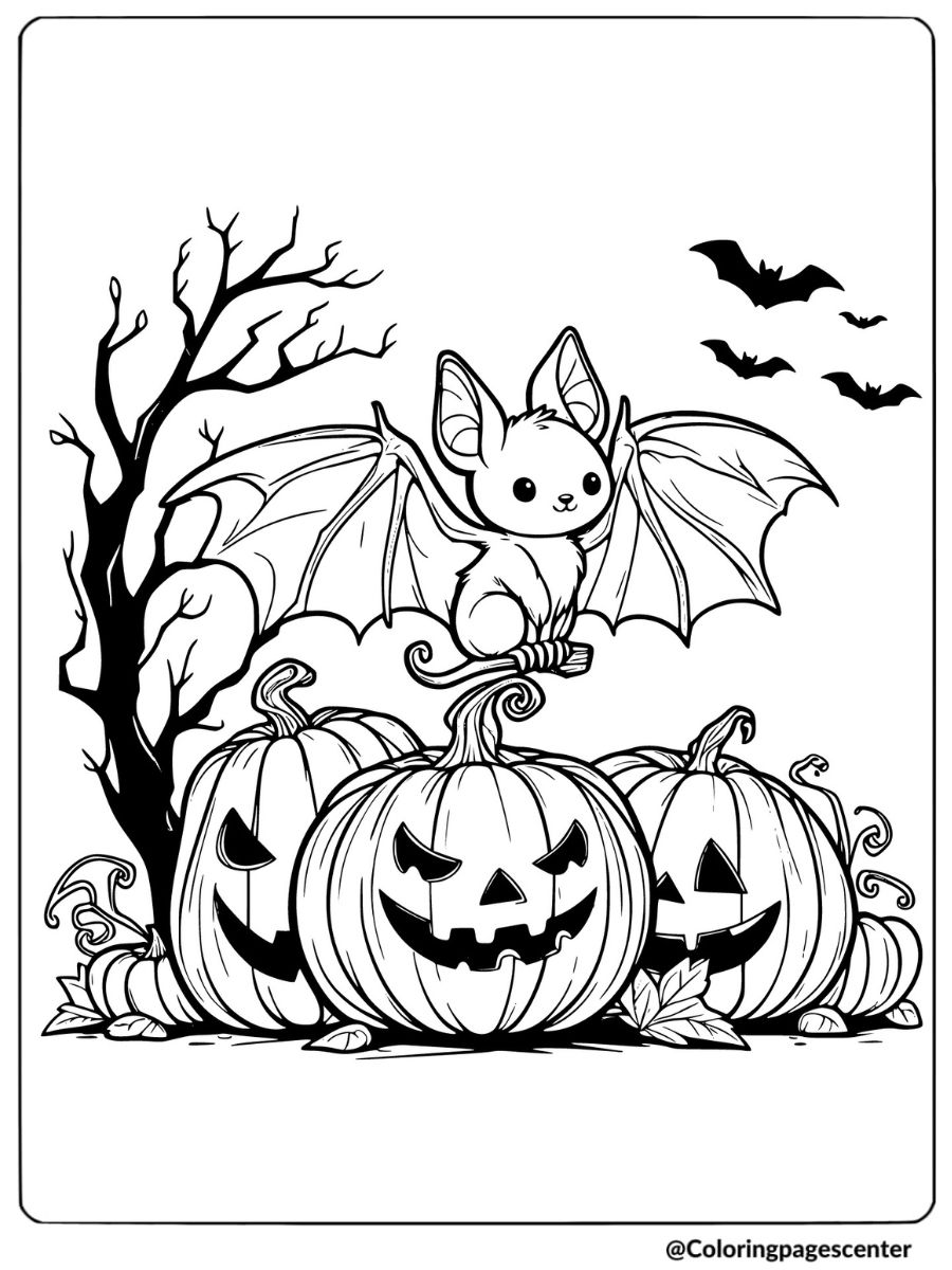 A halloween bat on top of carved pumpkins coloring page