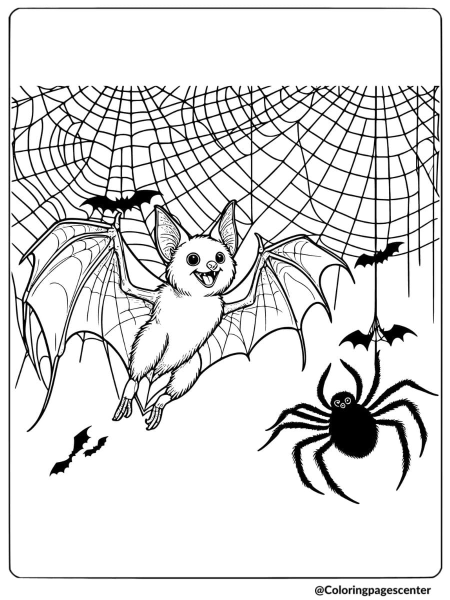 A halloween bat flying near a spider web coloring page