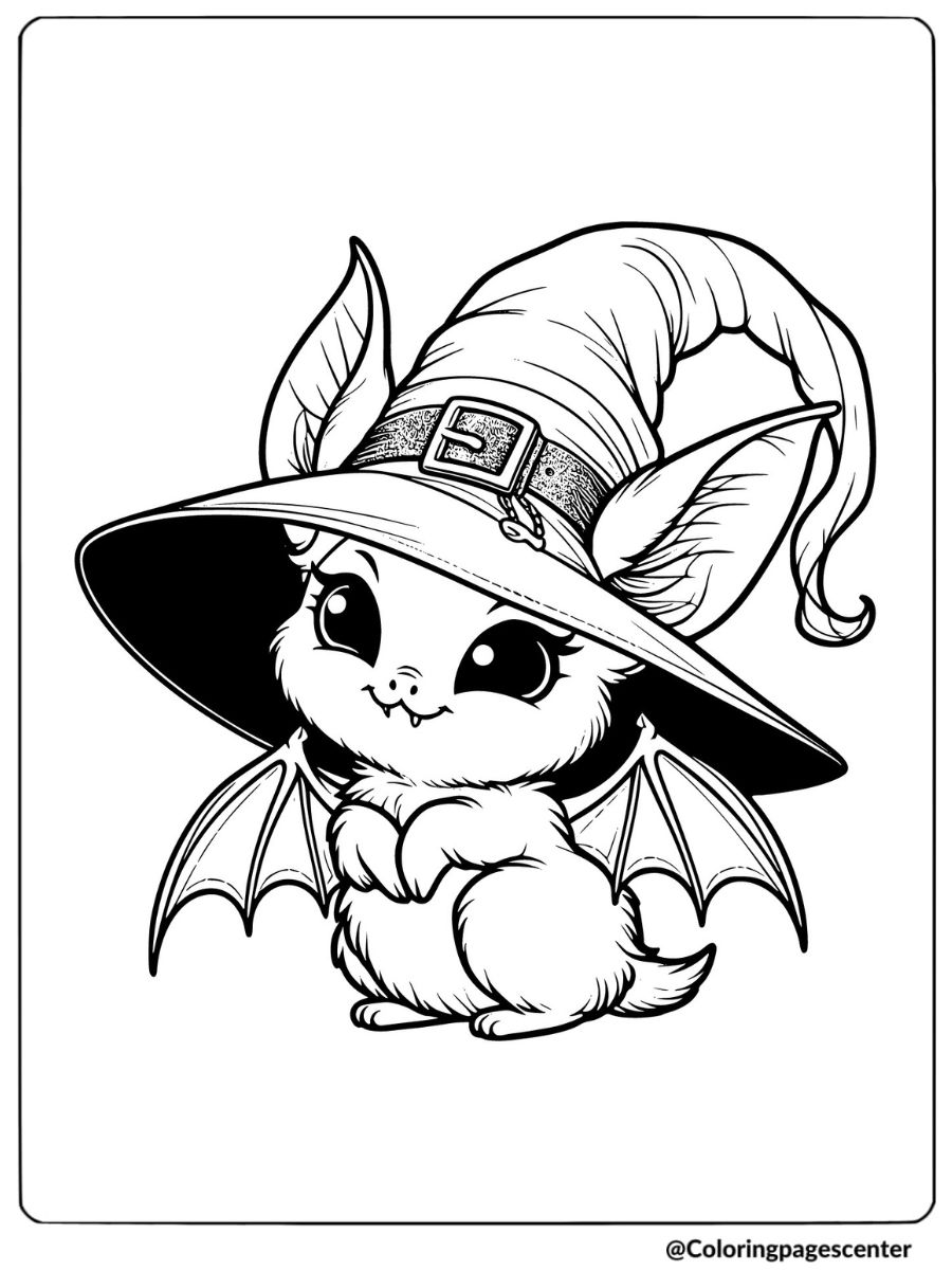 A cute halloween bat wearing a witch hat coloring page