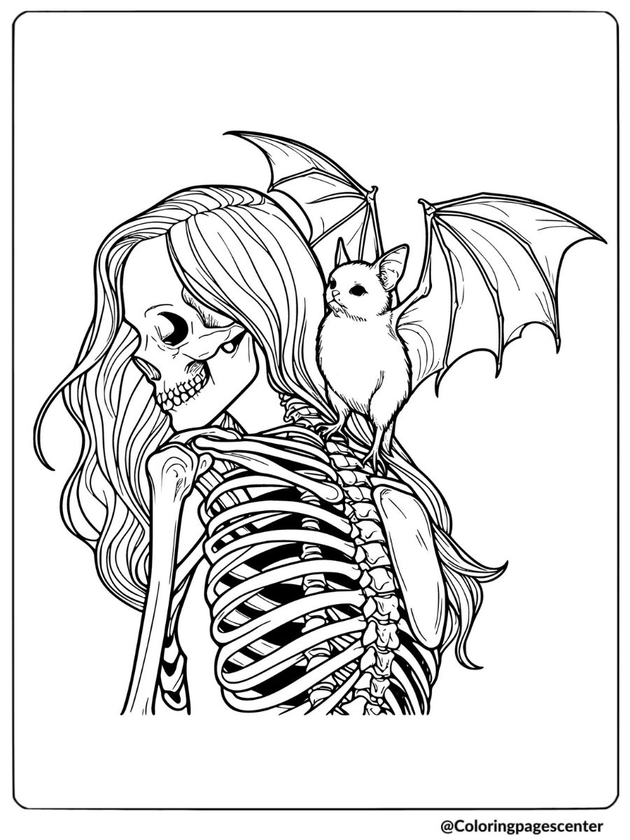 A halloween bat on a skeleton’s shoulder coloring page