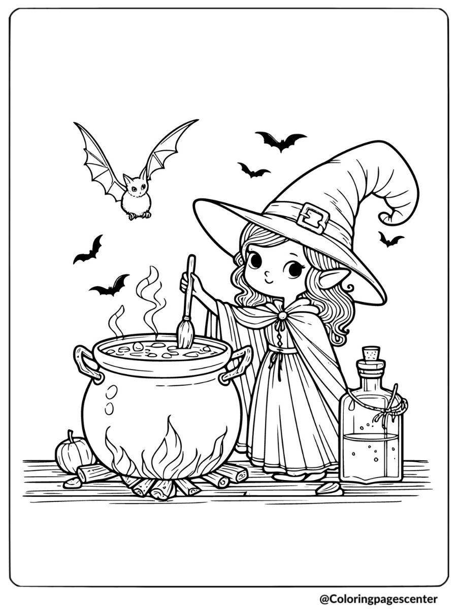 A young witch with halloween bats flying overhead coloring page