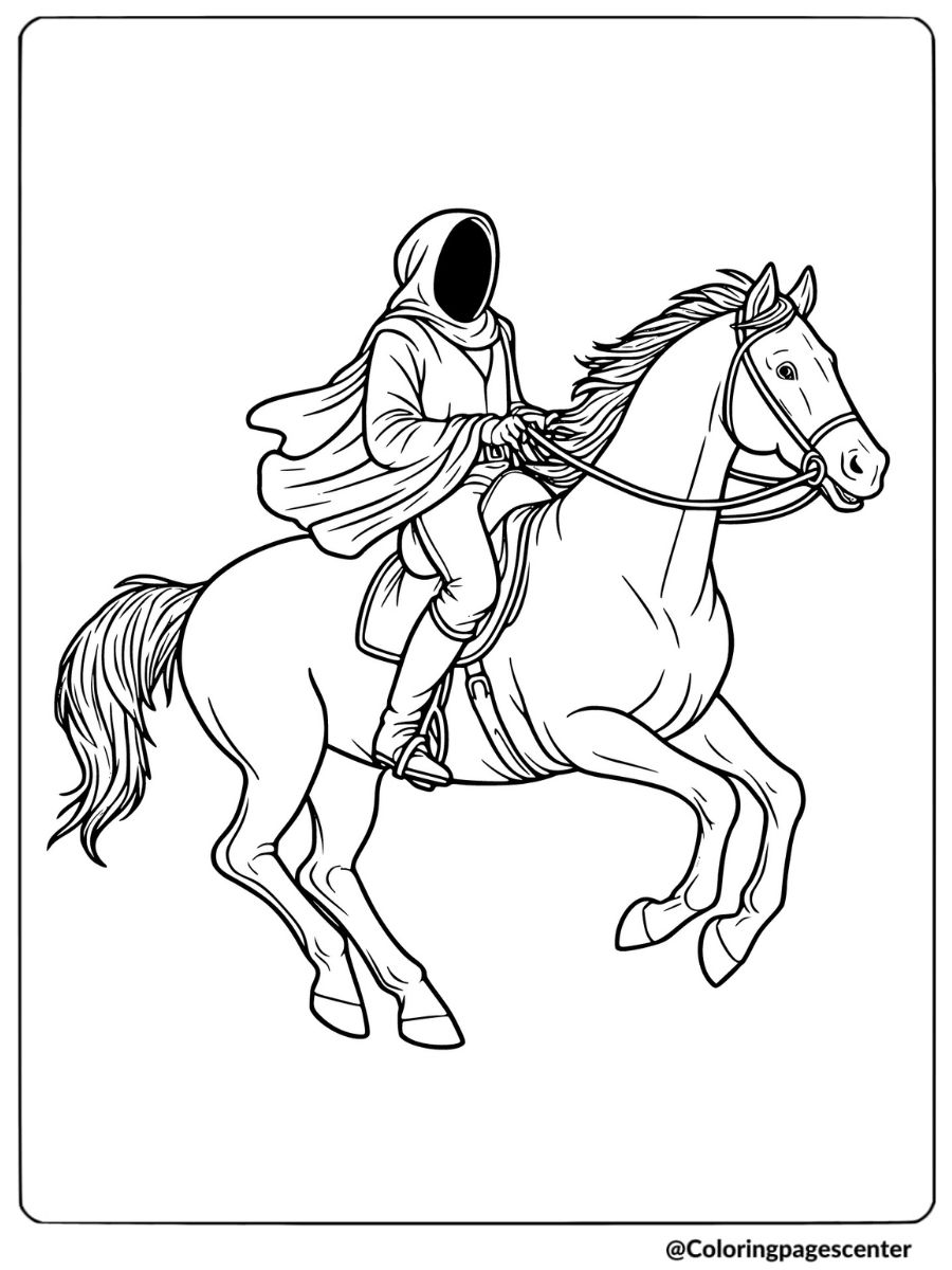 Mysterious cloaked rider on Halloween horse coloring page