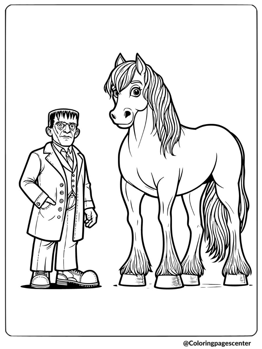 Frankenstein standing with Halloween horse coloring page