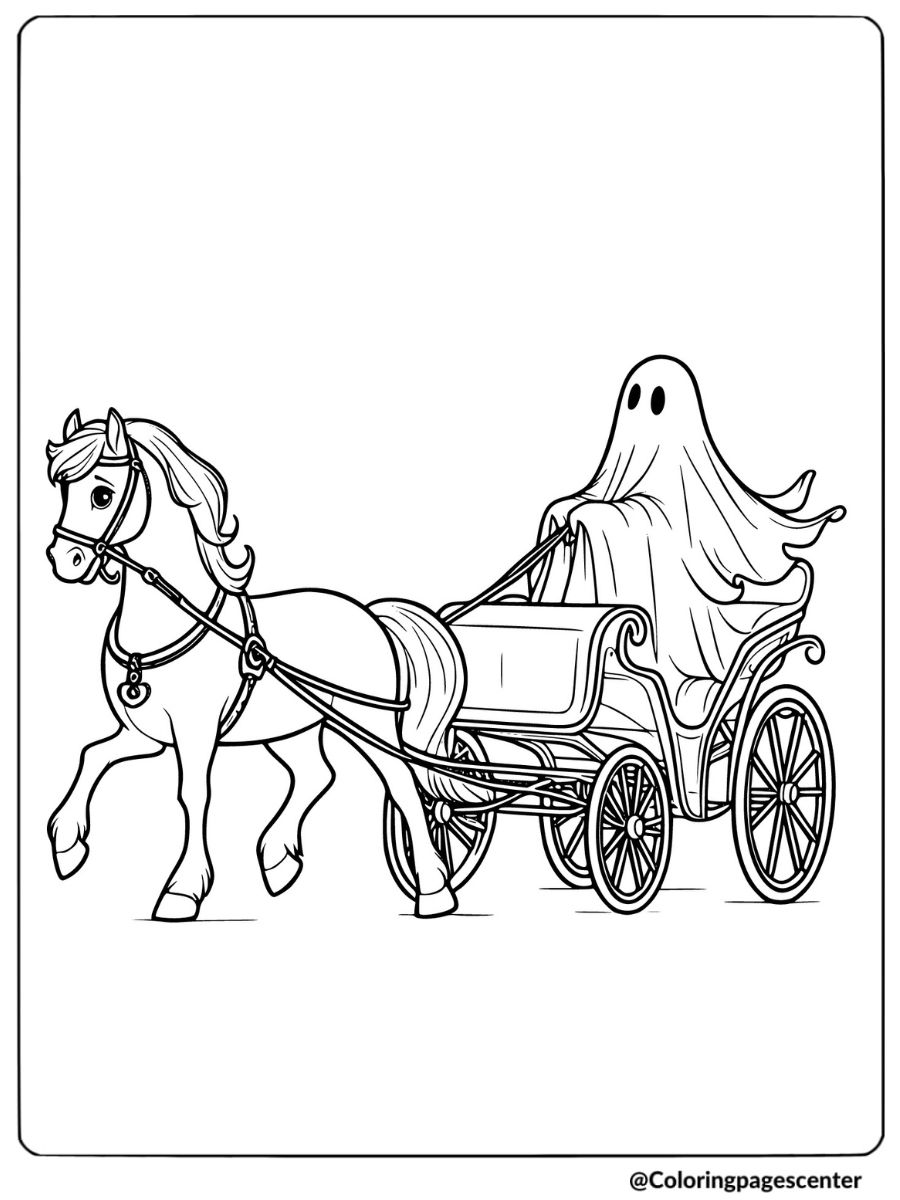 Halloween horse pulling a ghost carriage coloring page