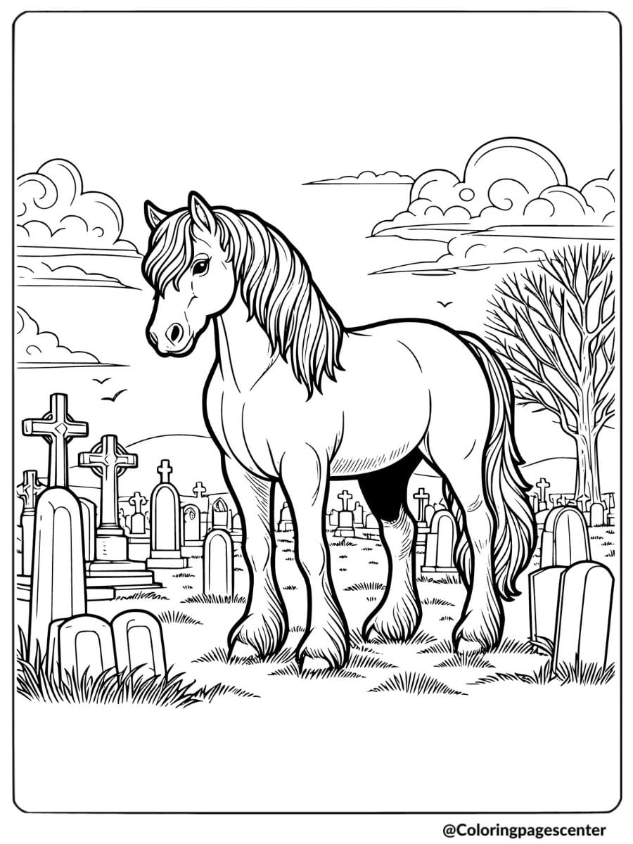 Halloween horse in a spooky graveyard coloring page