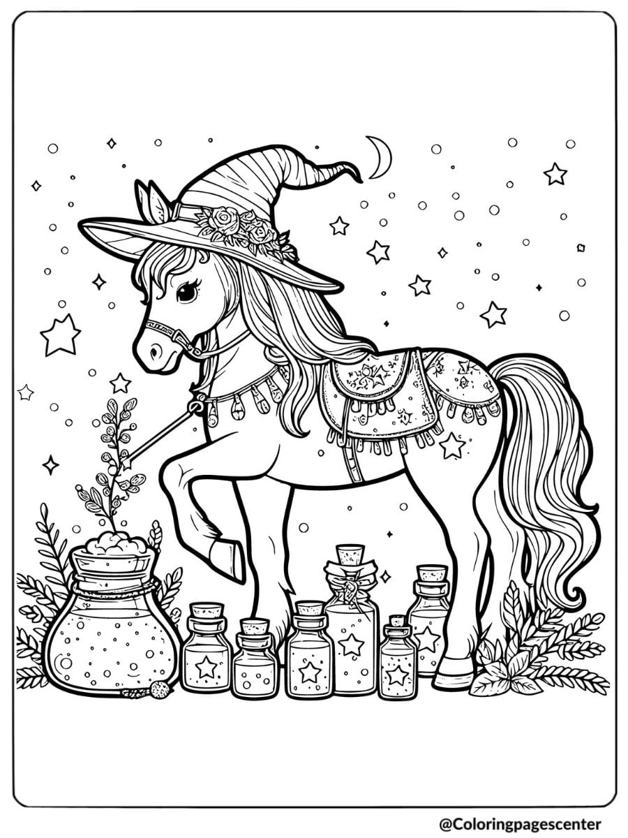 Halloween horse with witch hat and potions coloring page