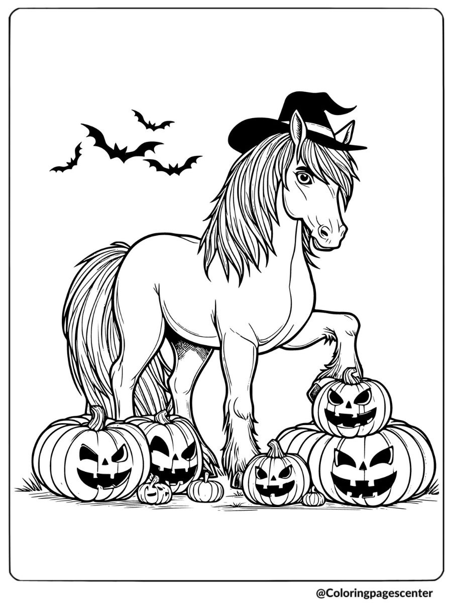 Halloween horse with pumpkins and bats coloring page