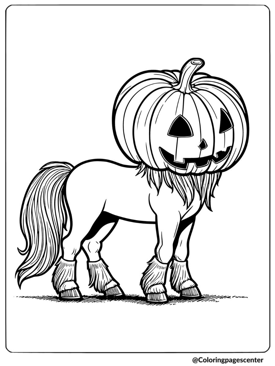 Halloween horse with pumpkin head coloring page