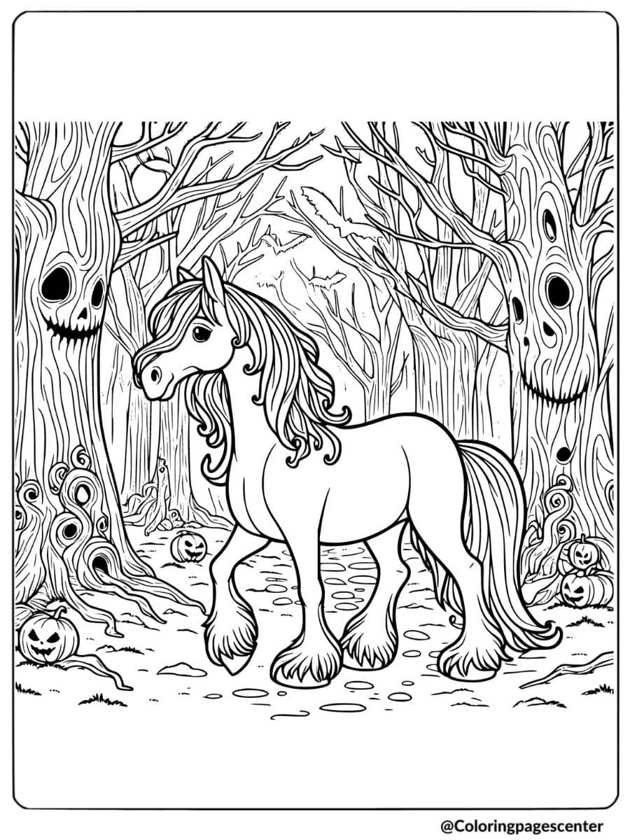 Halloween horse walking in spooky forest coloring page