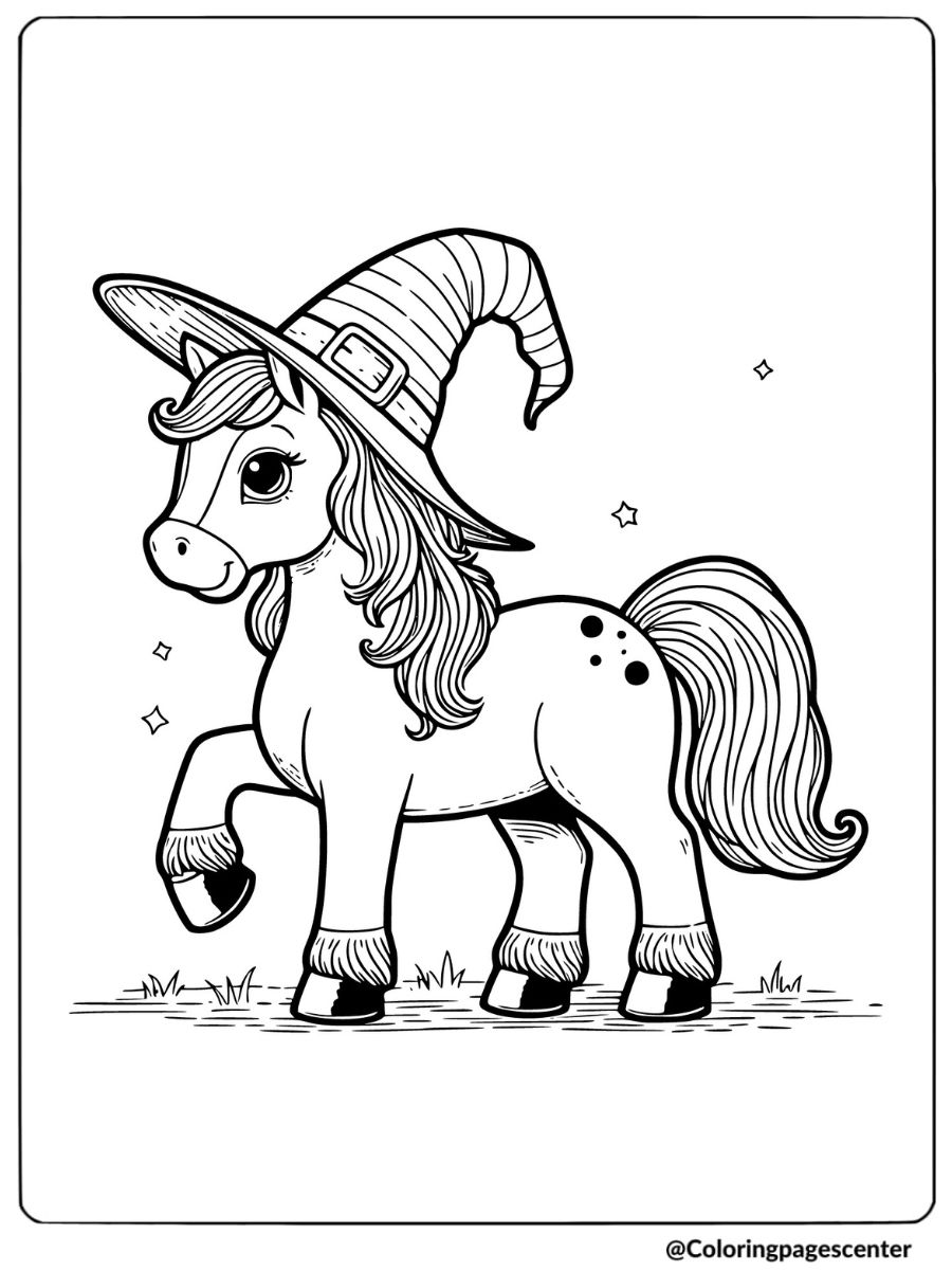 Cute witch Halloween horse in a fun coloring page