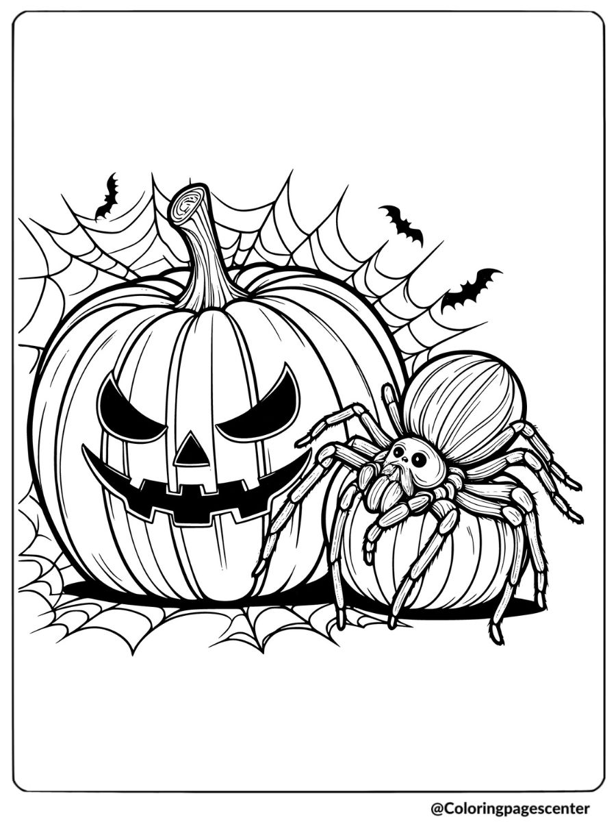 Halloween spider next to a jack-o'-lantern and web coloring page