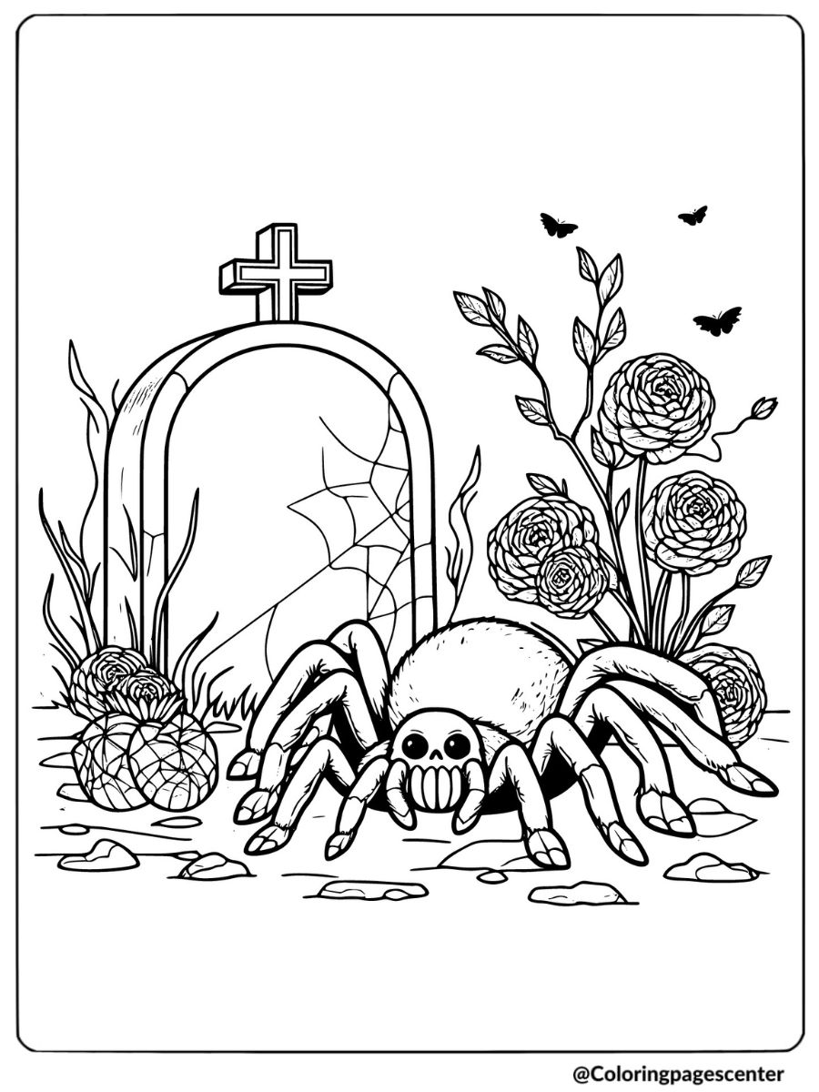 Halloween spider near a gravestone with flowers coloring page