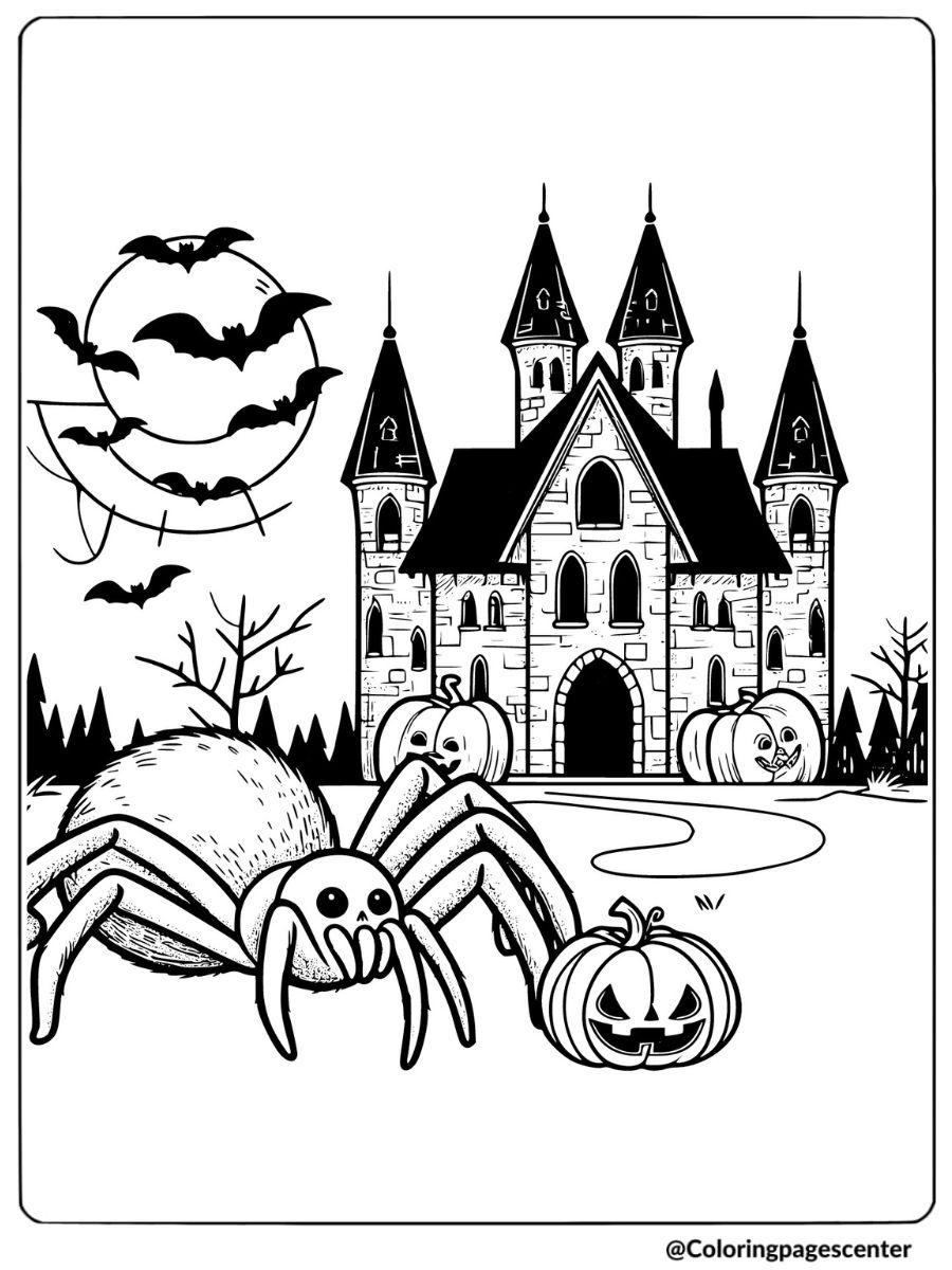 Halloween spider crawling by a haunted castle coloring page