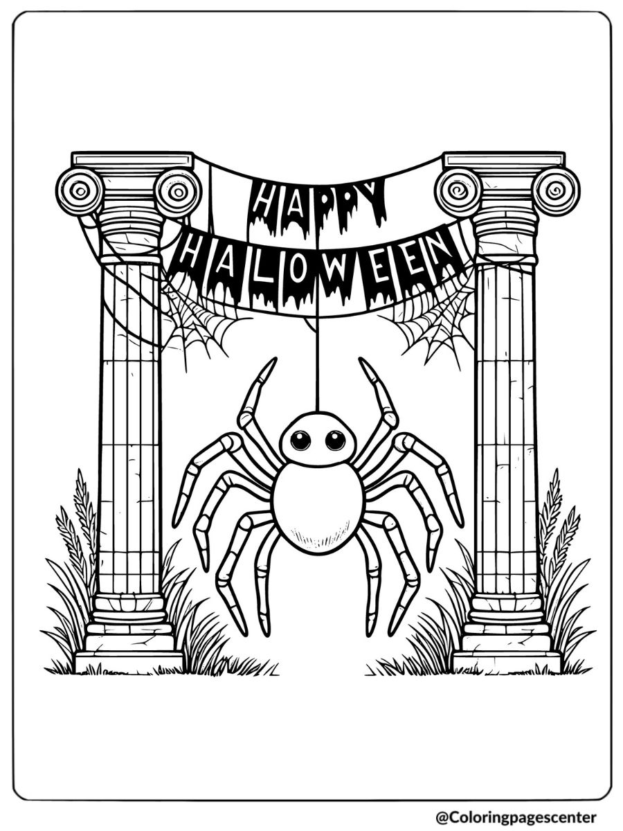 Halloween spider hanging from a Halloween banner coloring page