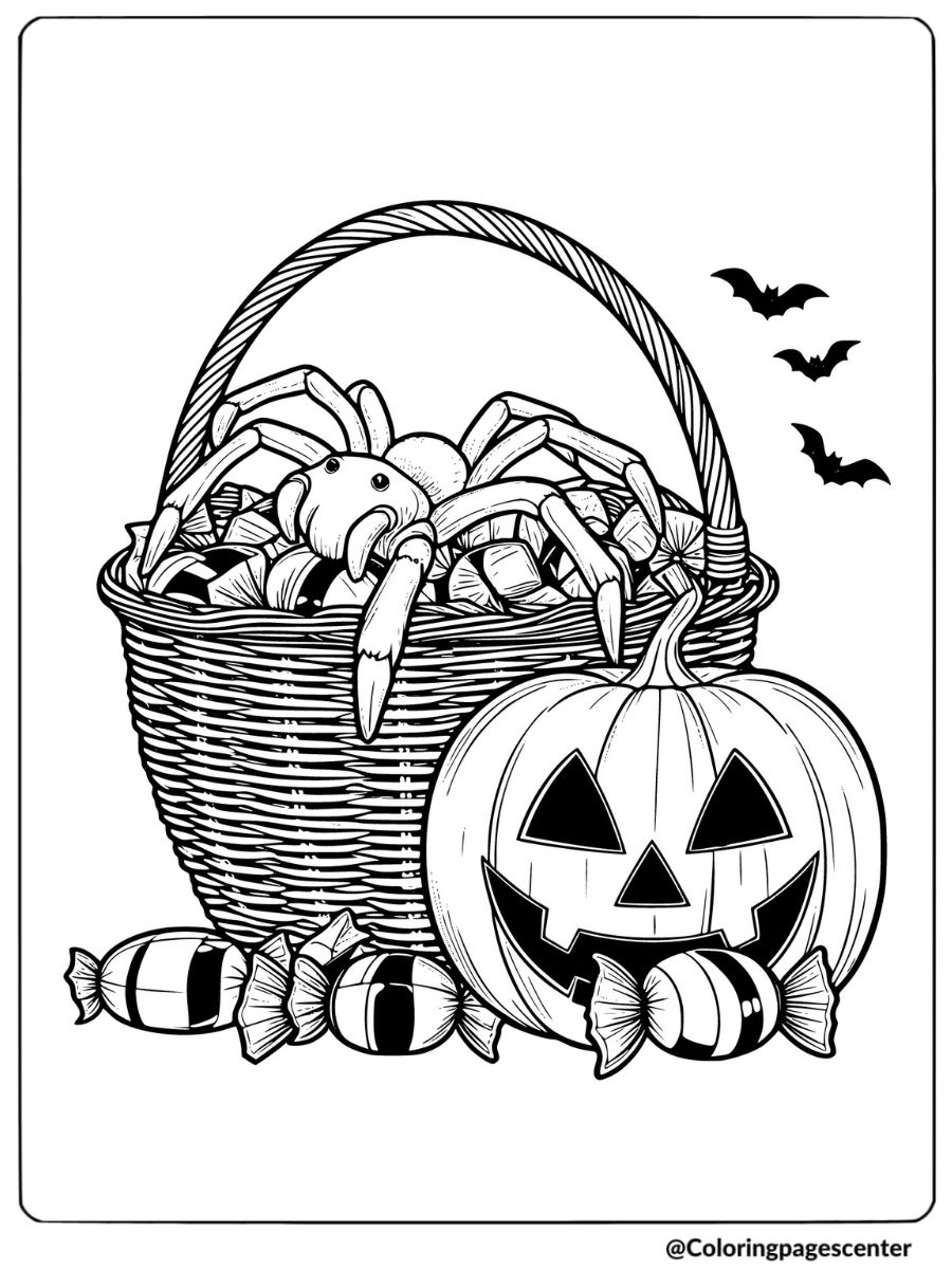 Halloween spider sitting in a basket with candy coloring page