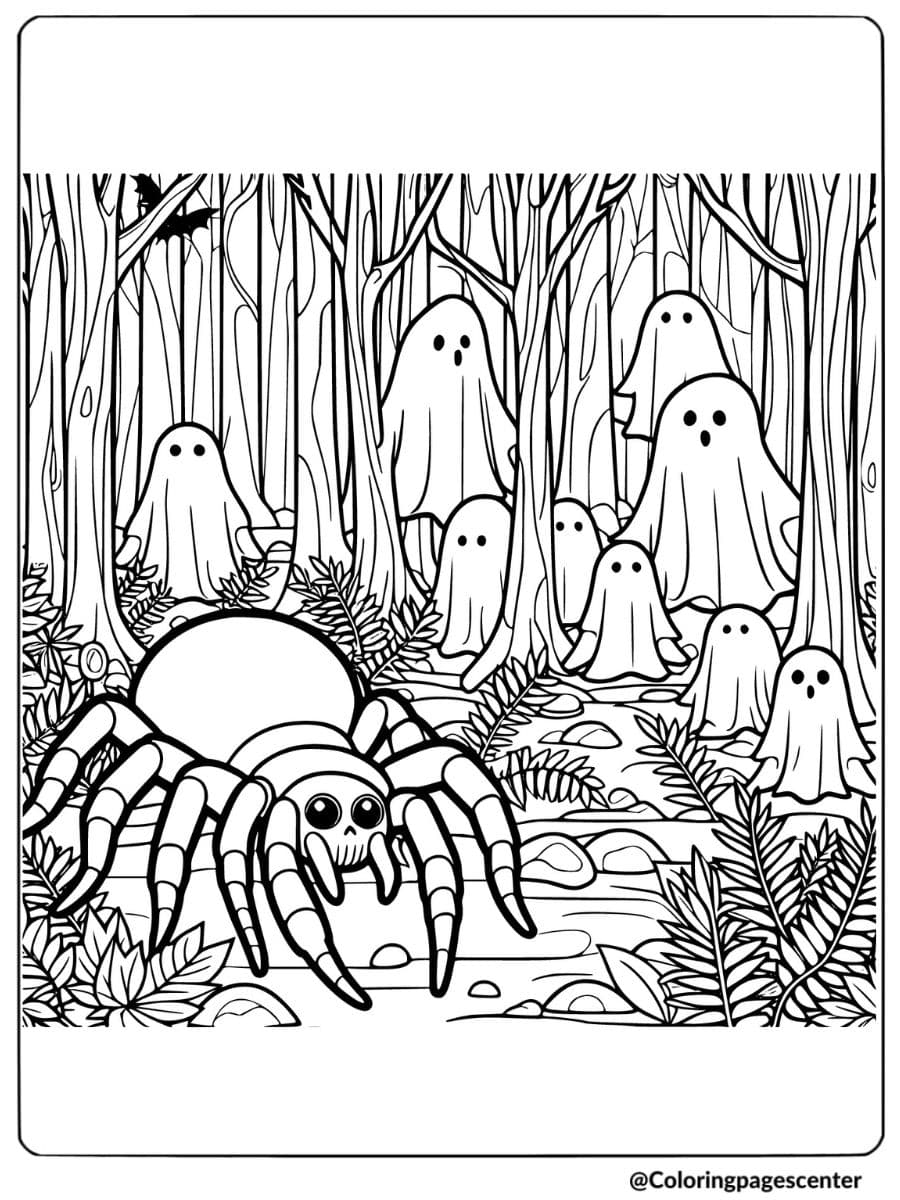 Halloween spider crawling in a spooky forest coloring page