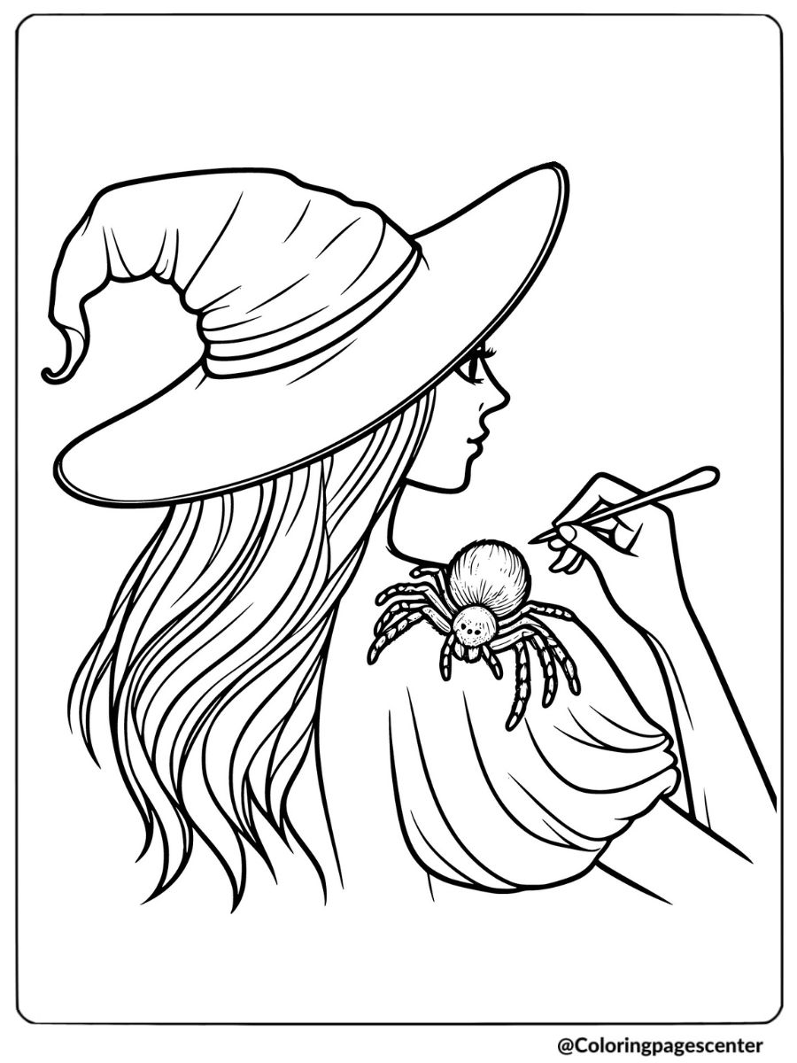 Halloween spider resting on a witch's shoulder coloring page