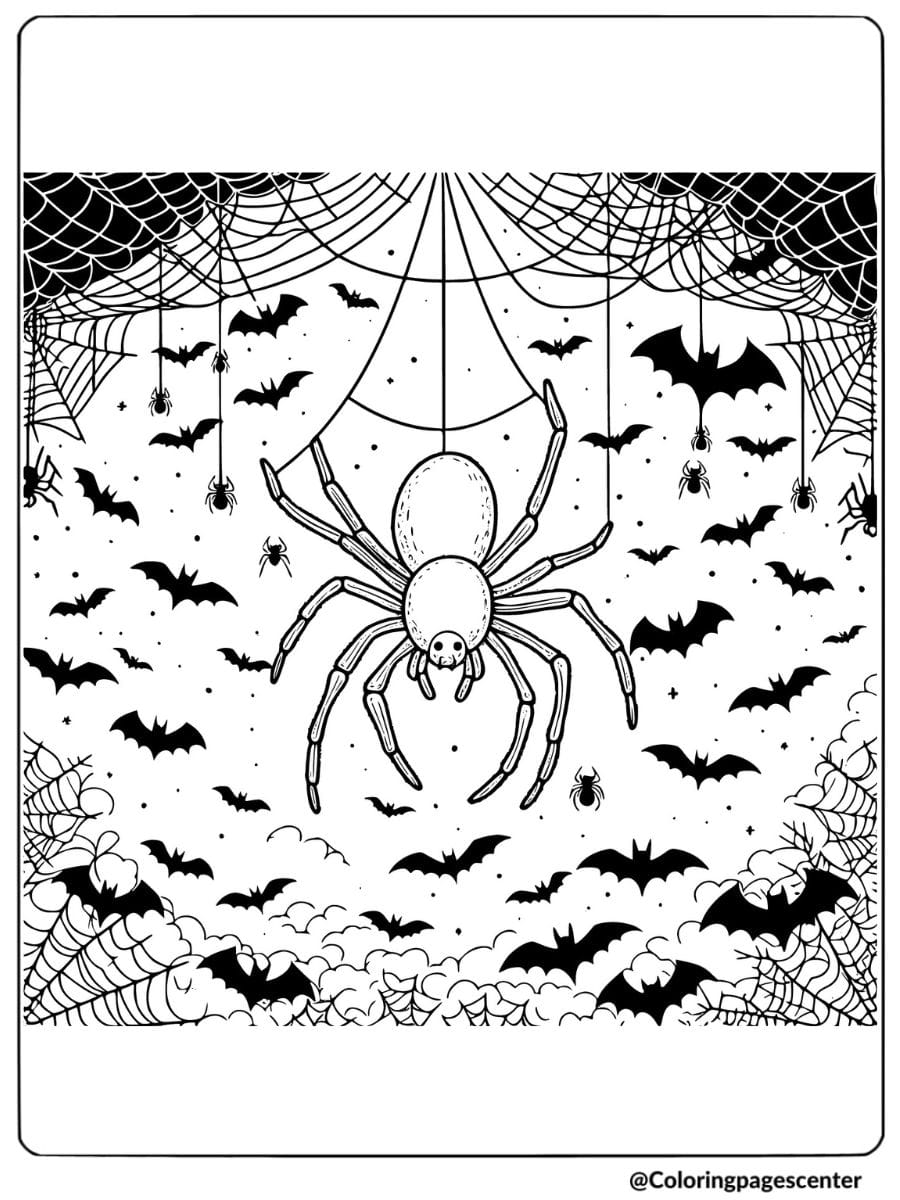 Halloween spider hanging with bats and spider webs coloring page