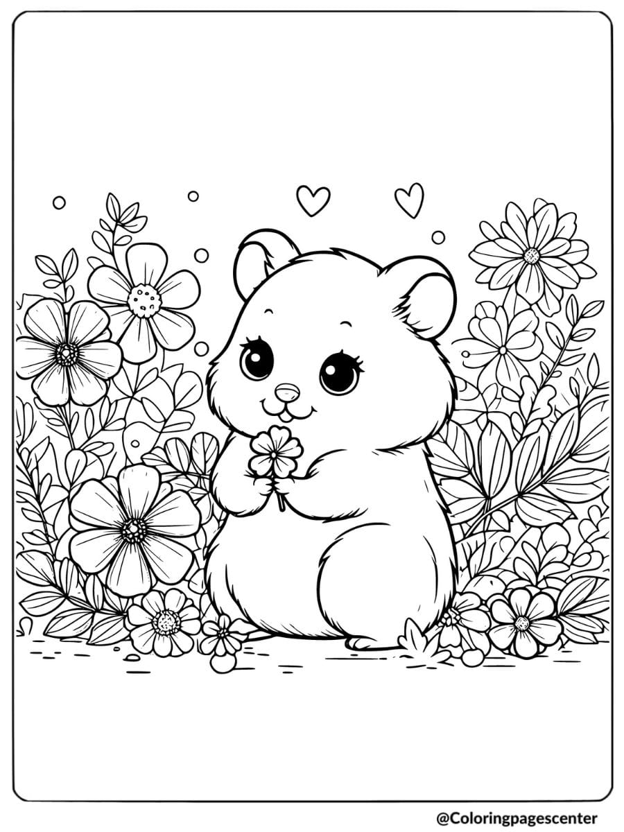 Hamster holding flower in garden coloring page