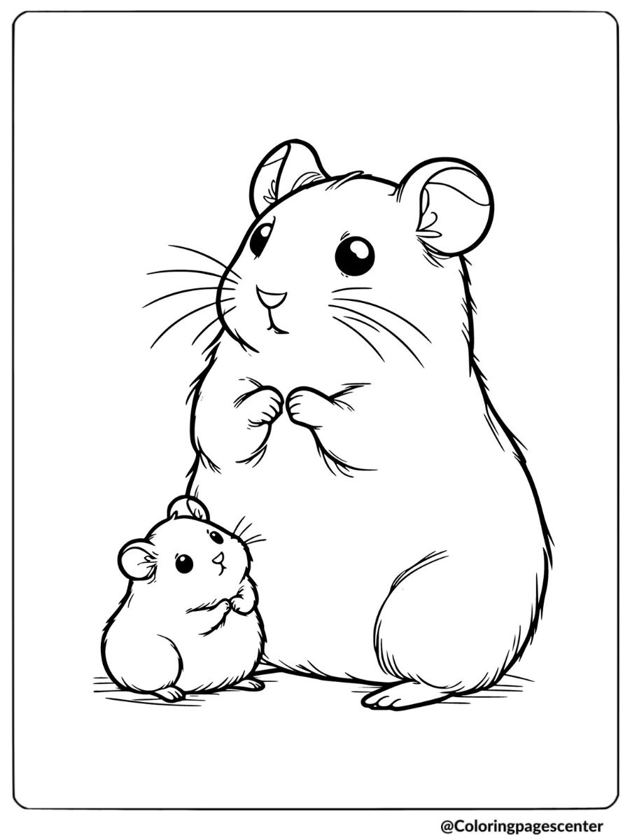 Parent and baby hamster standing together coloring page