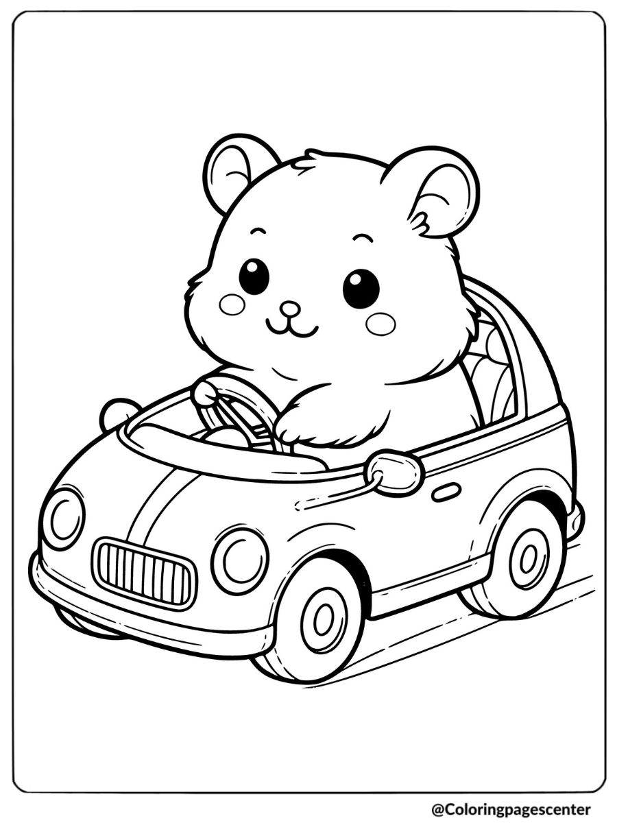 Hamster behind the wheel of a small car coloring page