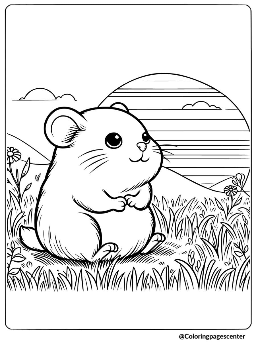 Hamster sitting in a field with sunset coloring page