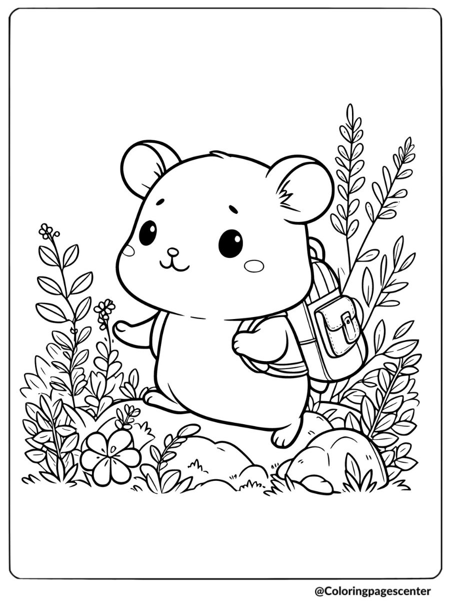 Hamster on a hike with a backpack coloring page