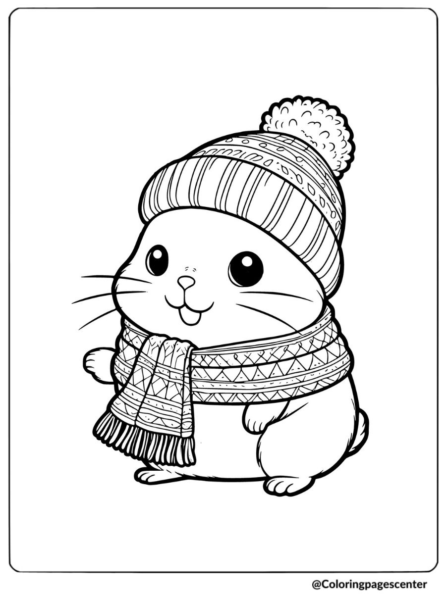 Hamster wearing cozy winter hat and scarf coloring page