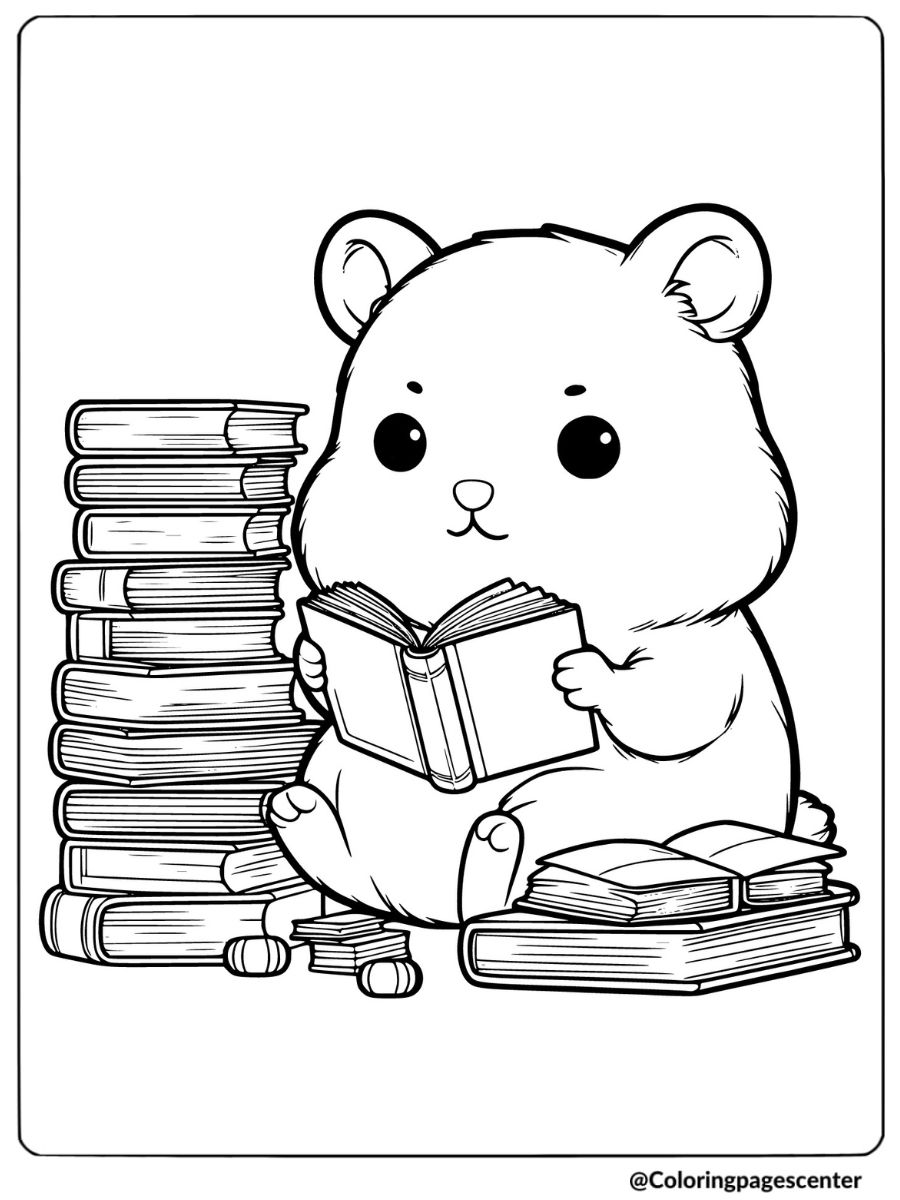 Hamster surrounded by books while reading coloring page