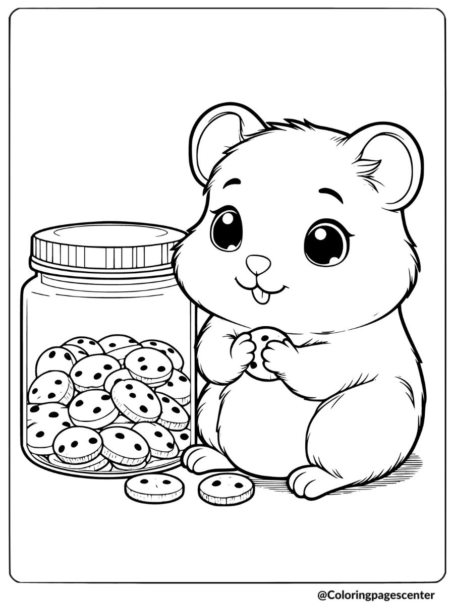 Hamster eating cookies next to a jar coloring page