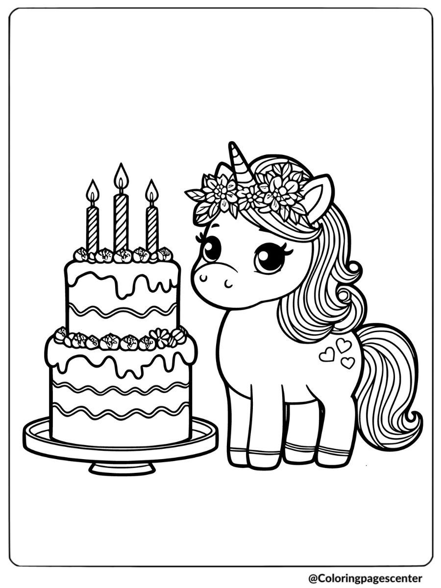 Unicorn standing beside a birthday cake coloring page