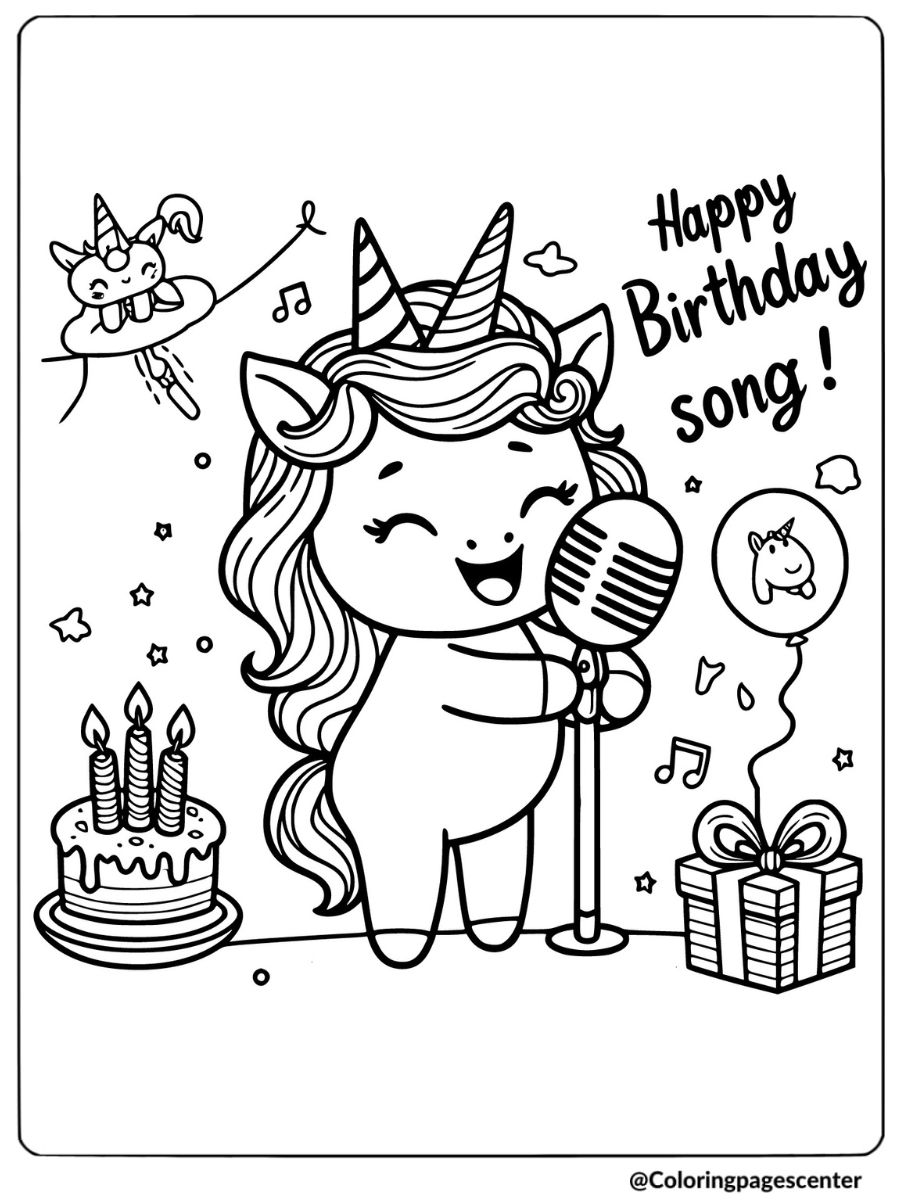 Unicorn singing a happy birthday song coloring page