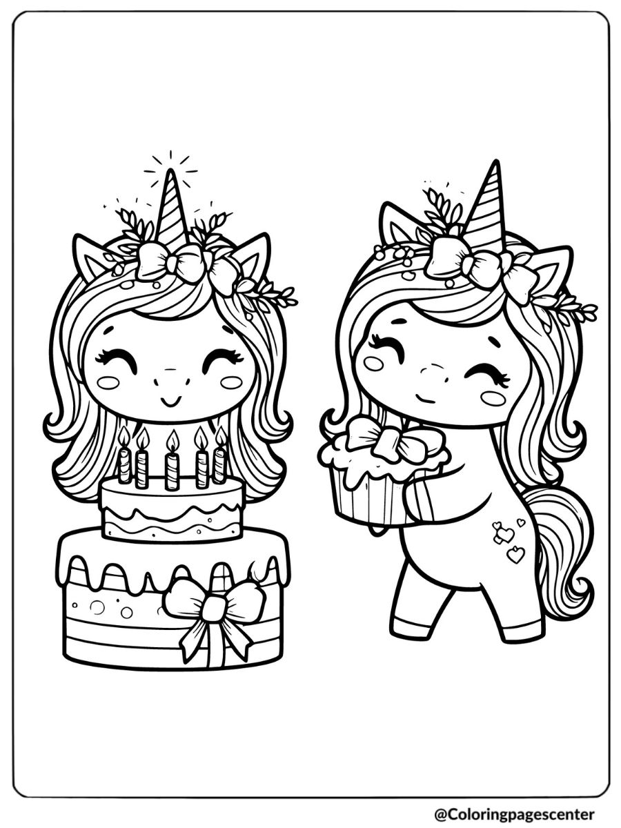 Two unicorns celebrating with a birthday cake coloring page