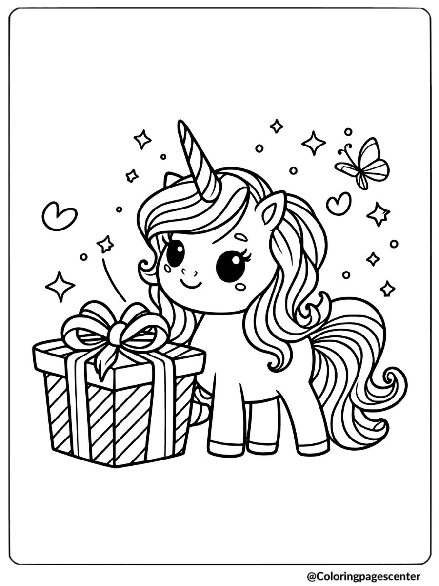 Cute unicorn with a birthday gift box coloring page