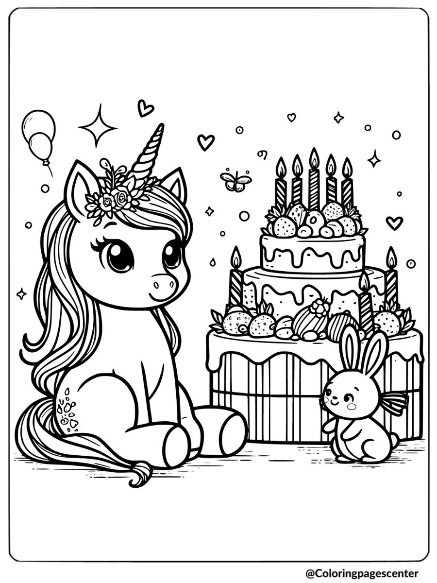 Unicorn sitting next to a birthday cake and bunny coloring page