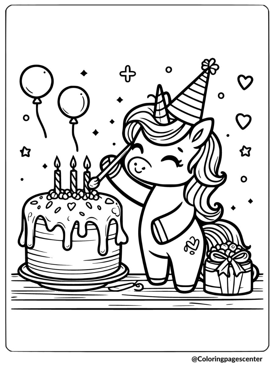 Unicorn lighting candles on a birthday cake coloring page