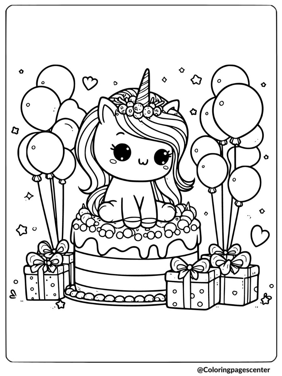 Cute unicorn on top of a birthday cake with gifts coloring page